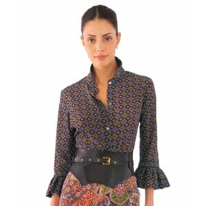 NWT Gretchen Scott Priss Blouse Sundial Black Geo Print Ruffle 3/4 Sleeve XS